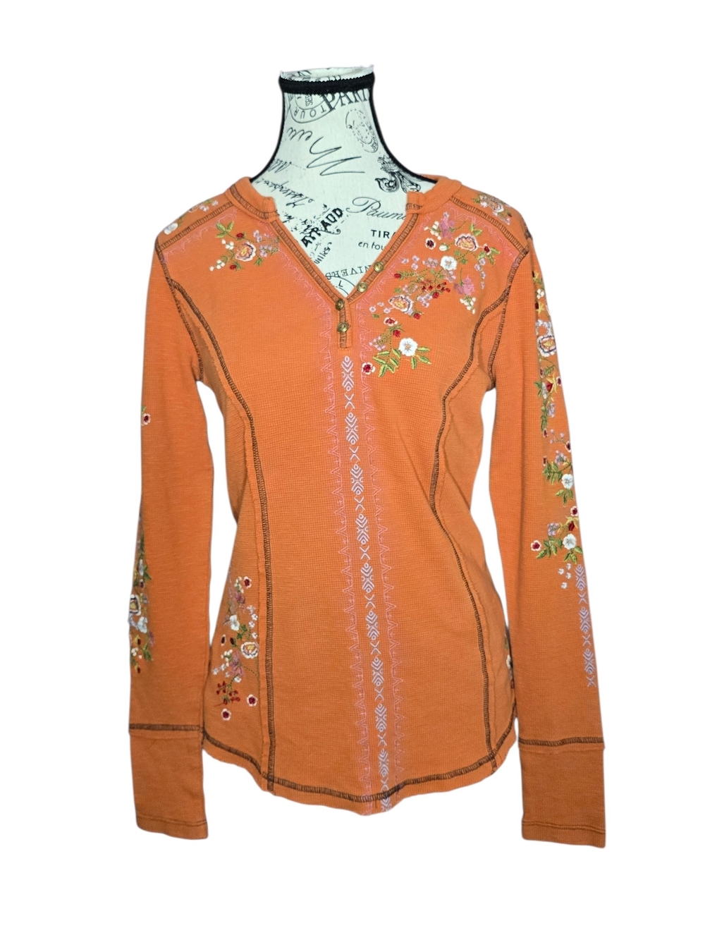 Sundance Thermal Orange Floral Embroidered V-Neck Long Sleeve Tunic Top S